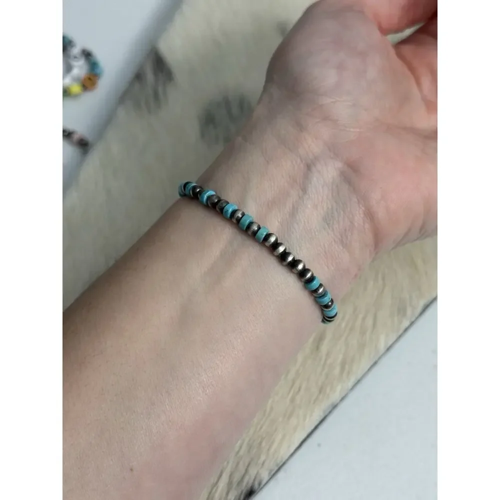 Native American Sterling Silver Navajo Pearl Turquoise Stretch Bracelet Dice